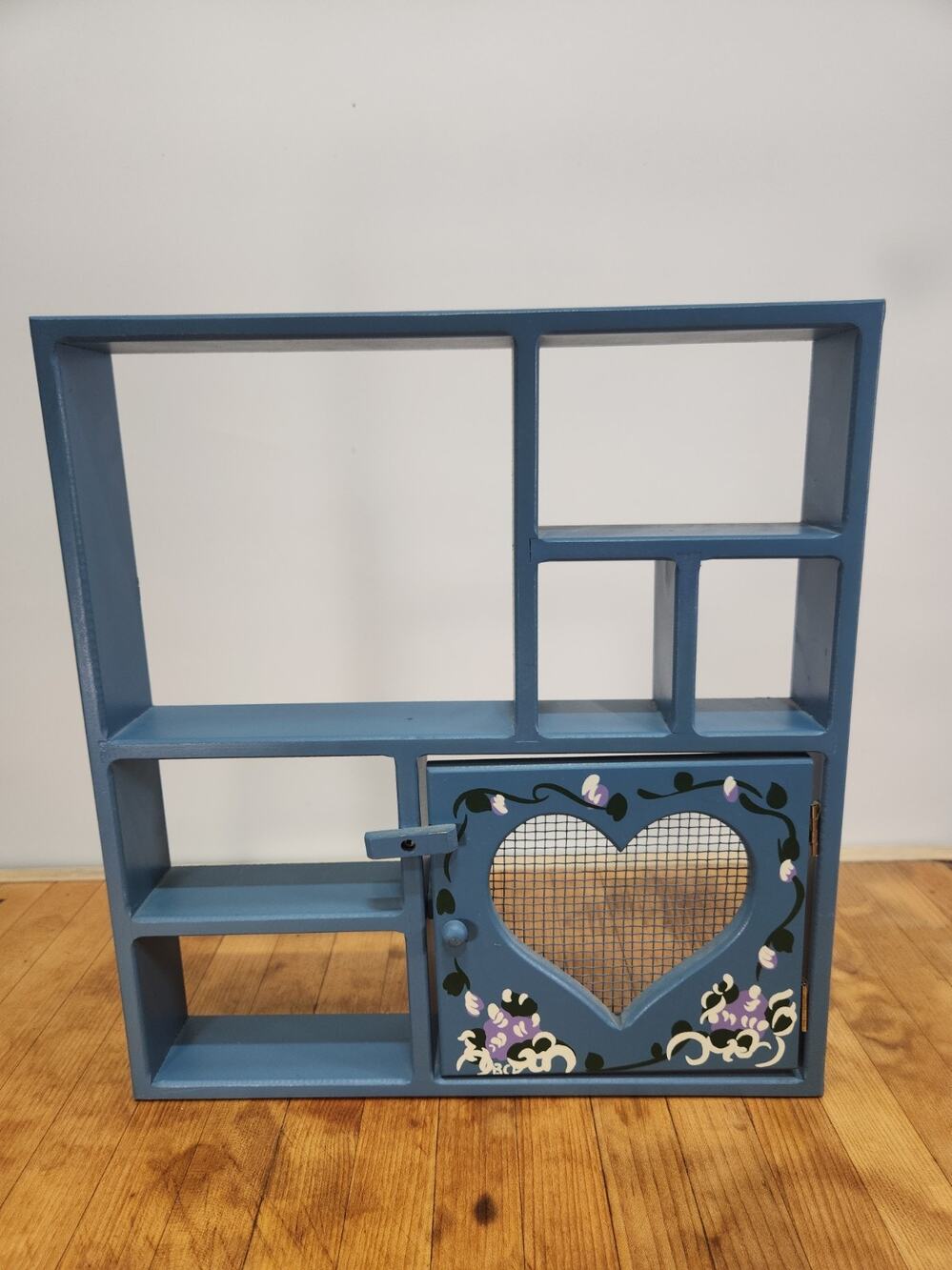 Vintage 1980s Blue Heart Curio Wall Shelf Folk Art Cottagecore Wood Cabinet